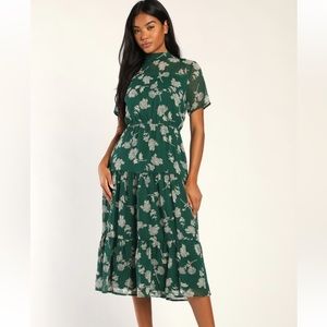 Lulus Floral Dressed Up Dark Green Floral Midi Dress Size XS